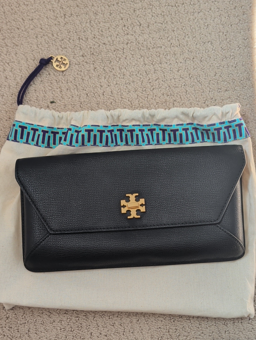 Tory Burch Black Leather Envelope Clutch with Gold Logo Accent